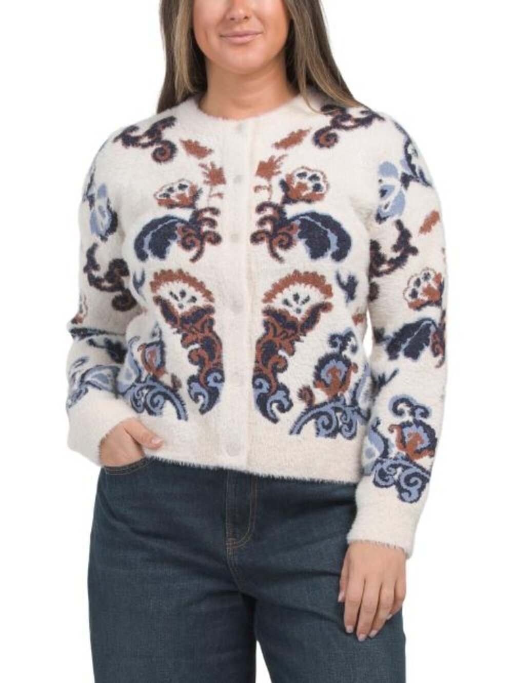 RACHEL ZOE Long Sleeve Snap Button Cardigan With Scroll Floral Pattern